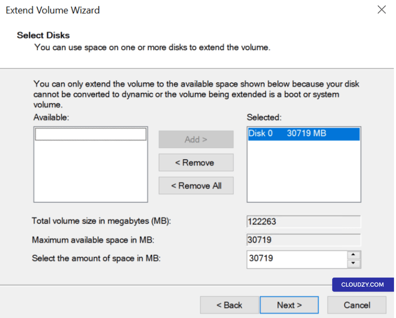 Select Disk Space to Add