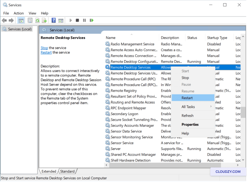 RDP service restart