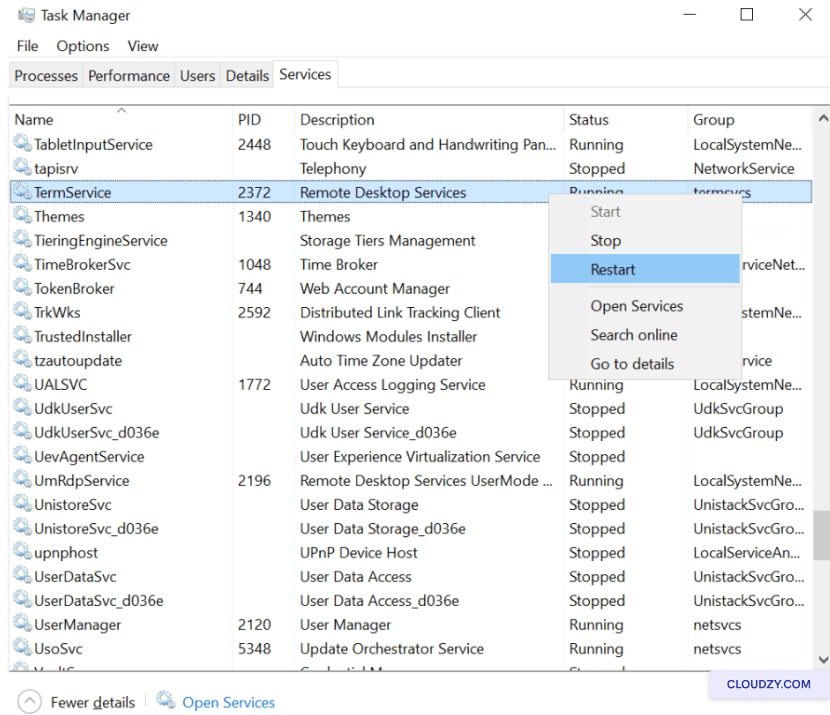 Restart RDP service