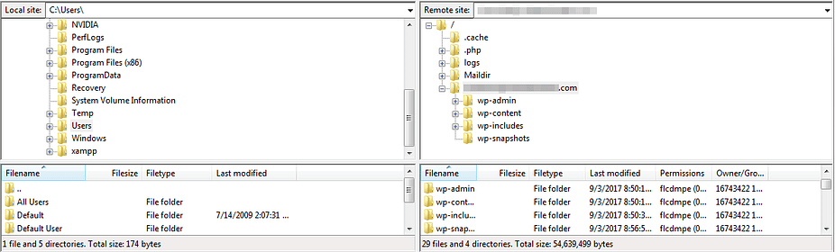 FileZilla connected to a web server