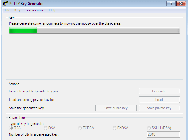 PuTTY key generator key being generated