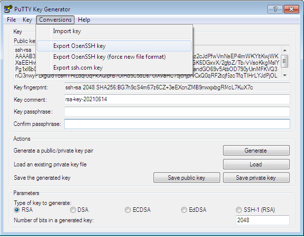 PuTTY key generator key export menu