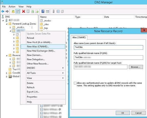 creating a CNAME record for the name TestSite in the DNS console