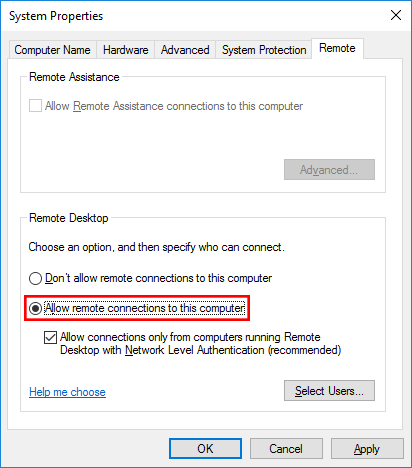 Allow remote connections to this computer