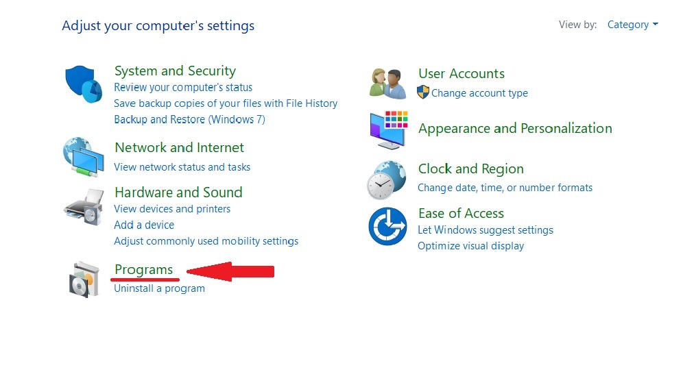 select programs in control panel