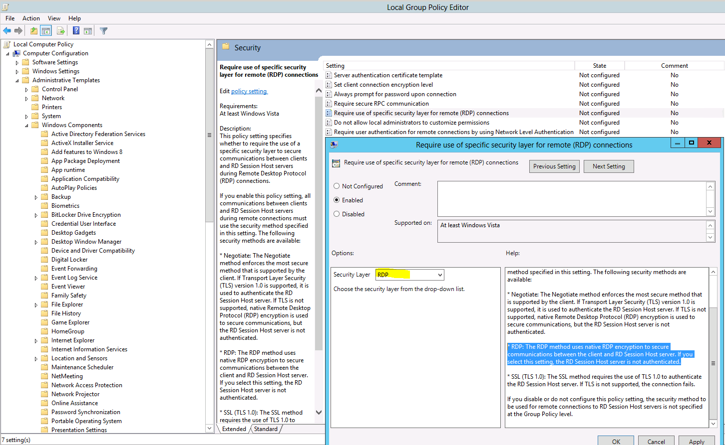 change the RDP Security settings