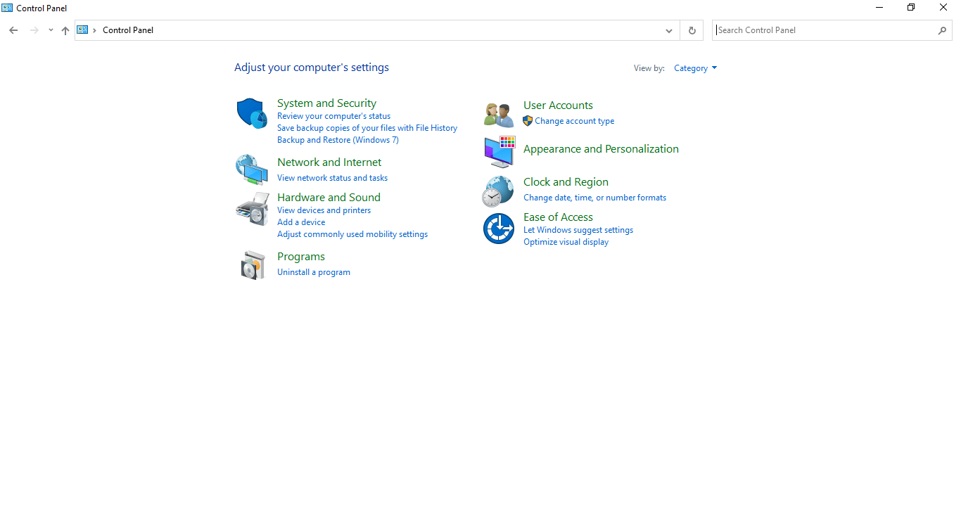 [Windows 10 Control Panel Screen]